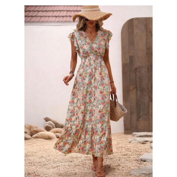 Floral Ruffle Sleeve and Hem Maxi Sundress Small NIB - Picture 1 of 9